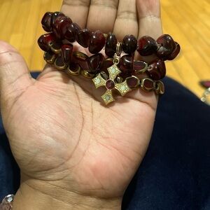 Lot If 3 Handmade Cherry Amber Beaded Bracelets Gold Trim Charm Glass Beads